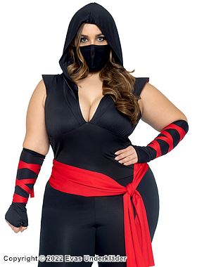 Kvinnlig ninja (aka kunoichi), jumpsuit-dräkt med djup urringning och midjeband, plus size